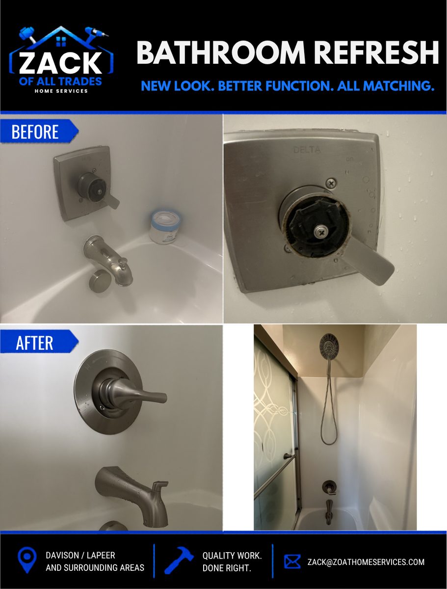 Before and after of a shower faucet and handle replacement