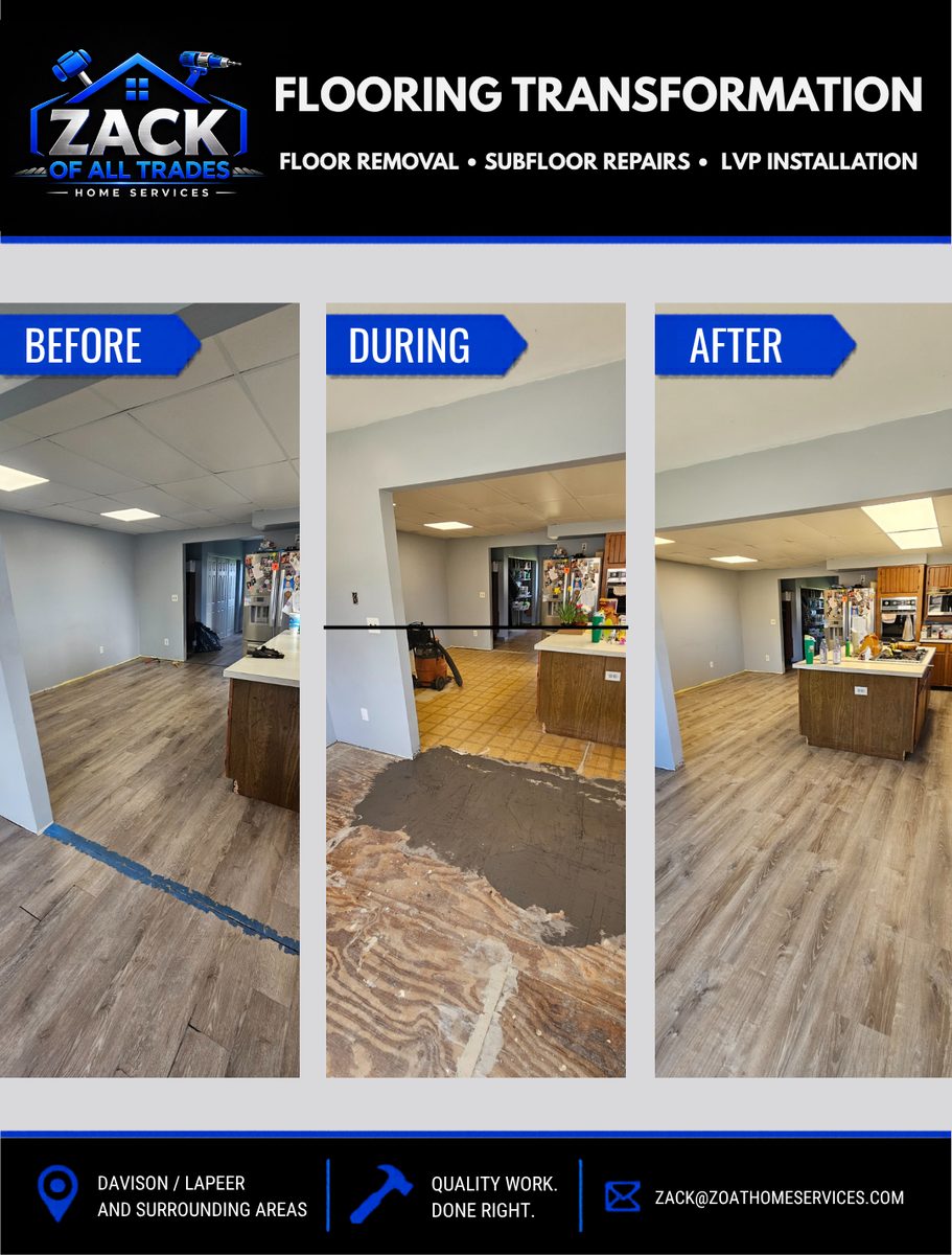 Before, during and after of an LVP flooring installation
