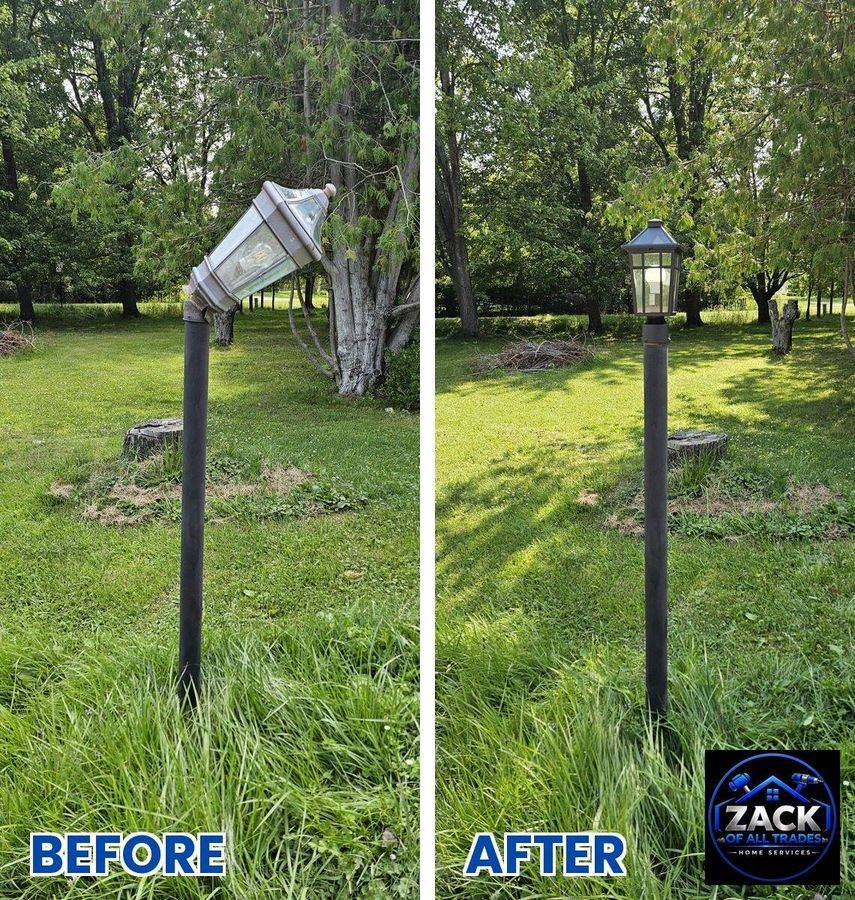 Before and after of a lamp post repair